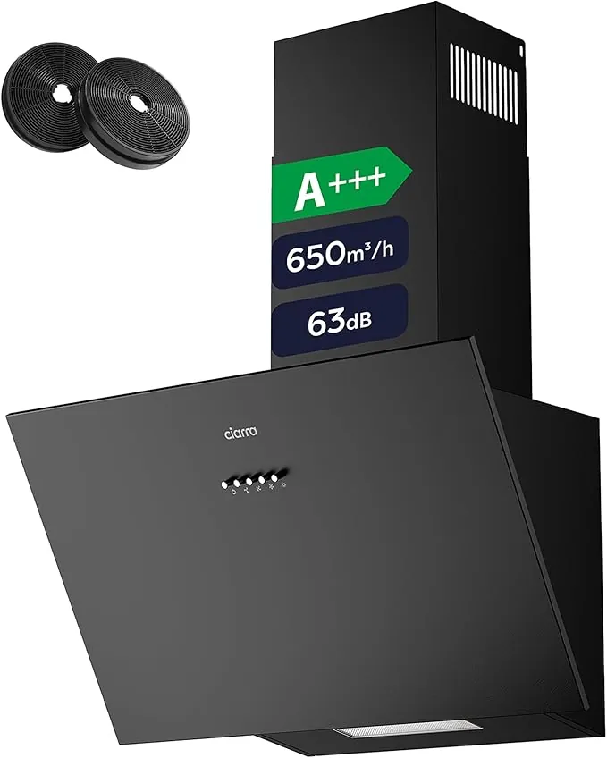 Ciarra CBCB6762A Campana Extractora 60cm, 650m³/h, 3 Velocidades, Extractor de Humo y Aire Eléctrico para Cocina A+++ Eficiencia Energética, Incluye Filtro de Carbón Activo CBCF003