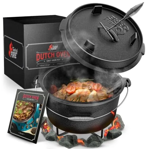 Horno holandés para barbacoa [El original] – Juego de horno holandés [7 L] – Adecuado para inducción – Con soporte de olla – Olla de hierro fundido