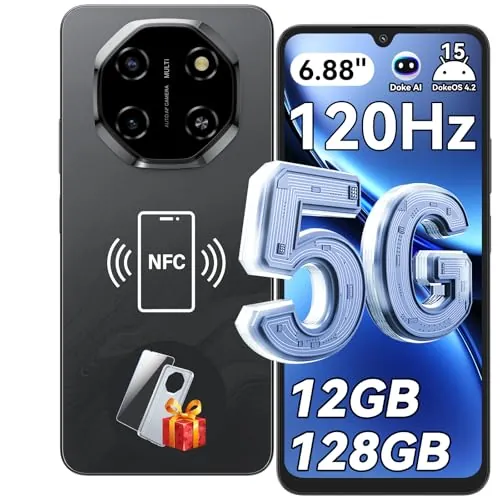 Blackview Shark 6 Smartphone 5G, 6.88" 120Hz Telefonos Moviles, Telefono Android 15, Mobile Phone 12GB+128GB, Unisoc T8100, 5000mAh, 16+8MP, 5G Dual SIM/Face ID/Fingerprint/OTG/GPS/NFC