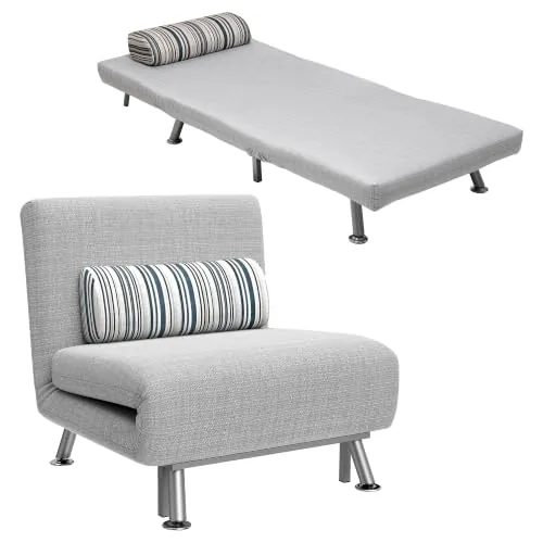 HOMCOM Sofá Cama de 1 Plaza 3 en 1 Sofá Cama Plegable 180x75x25 cm Gris | Tapizado en Lino, Respaldo Ajustable de 5 Niveles, Almohada Acolchada, para Oficina Dormitorio Salón, 75x70x75 cm