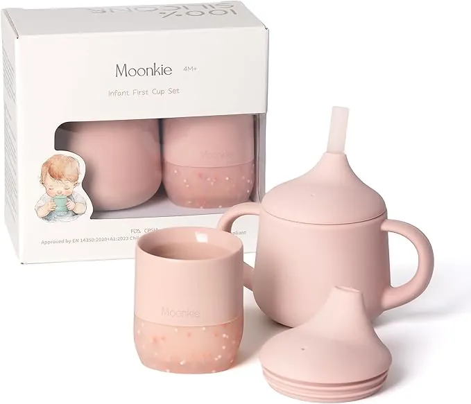 Moonkie Vaso Aprendizaje Bebe, Juego de Taza Silicona 2oz & Vaso Antiderrame de 3 Etapas 4oz, Vaso Agua Bebe 4 Meses +, sin BPA, 6~12 Meses, Apto para Lavavajillas(Juego de Blush)