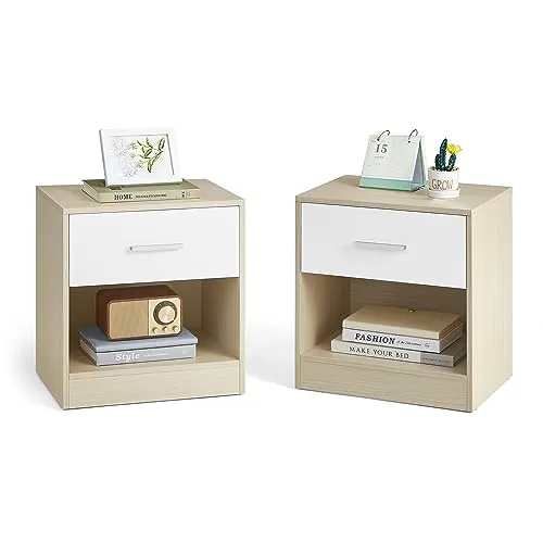 VASAGLE Juego de 2, Mesita de Noche, Mesa Auxiliar con Cajón, Asa, Compartimento Abierto, para Dormitorio, Salón, Beige Natural y Blanco Clásico LET819T67