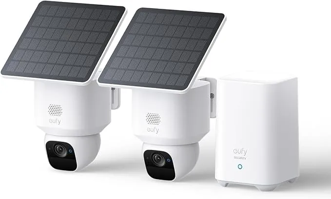 eufy Security SoloCam E30 Camara vigilancia WiFi Exterior, con Energía Solar, Panorámica de 360°, Seguimiento por IA, Claridad 2K, Compatible con HomeBase S380, Sin Cuotas Mensuales, 2 Pack+Homebase2