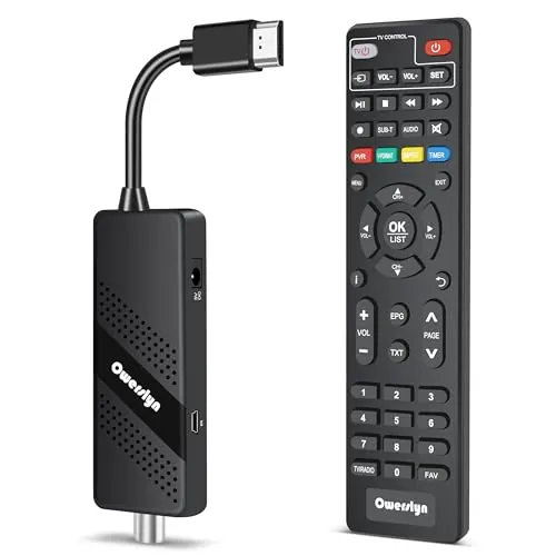 Decodificador TDT HD 2026 OWERSLYN, Receptor DVB-T2 TDT para TV Antigua, HDMI CEC, 1080P H.265 HEVC 10-bit, con Salida HDMI/AV, USB Mediaplayer, función PVR y Mando a Distancia IR 2 en 1