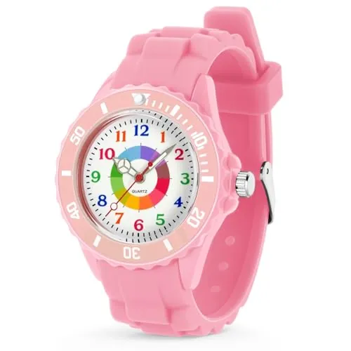 OSDUE Reloj de Aprendizaje para Niños, Impermeable 30 M Fácil de Leer Relojes de Pulsera con Correa Suave, Reloj de Pulsera Analógico para Niños Niñas Regalo de Cumpleaños Partir Esfera Colorida Rosa