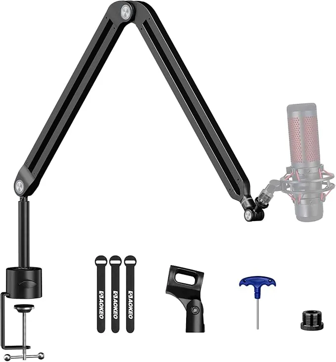Brazo de micrófono, Aokeo AK-45 ajustable compacto micrófono suspensión Boom Scissor brazo soporte para Blue Yeti, Snowball iCE, HyperX QuadCast, SoloCast, Elgato Wave, etc