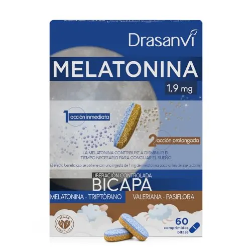 DRASANVI Melatonina Bicapa de 1,9 mg con Triptófano, Pasiflora y Valeriana | Doble Acción |Contribuye a Conciliar el Sueño de manera rápida y a una Relajación Natural | Envase 60 comp. = 60 Días
