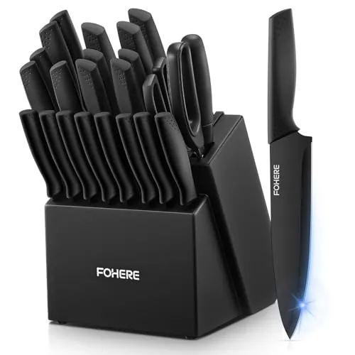 Juego de Cuchillos de Cocina con Bloque FOHERE 23 Piezas Bloque de cuchillos con Afilador Integrado, Cuchillos Cocina con Cuchillo Deshuesador y Cuchillo para queso, Negro