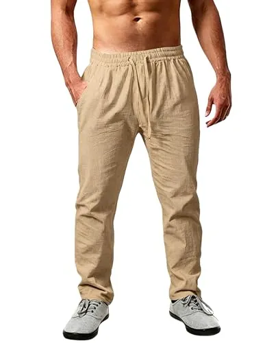 Cegerne Pantalones de Lino Hombre Verano Largos Ligeros y Transpirables, Corte Holgado, Cintura Elástica con Cordón Ajustable – Ideales para Vacaciones, Playa y Uso Diario, Camello, M