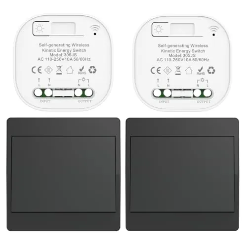 Cerhot interruptor inalámbrico cinético negro RF interruptores inalámbricos de control simple y doble sin batería mando a distancia radio interruptor inalámbrico (Negro 1Gang 2V2 EU)