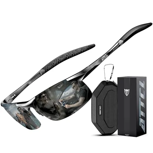 ATTCL Gafas de Sol Hombre Polarizadas: Protección UV400 25g Ligero Bastidor AL-MG Lentes Espejadas Deportes Pesca Conducir 8177 Negro Gris