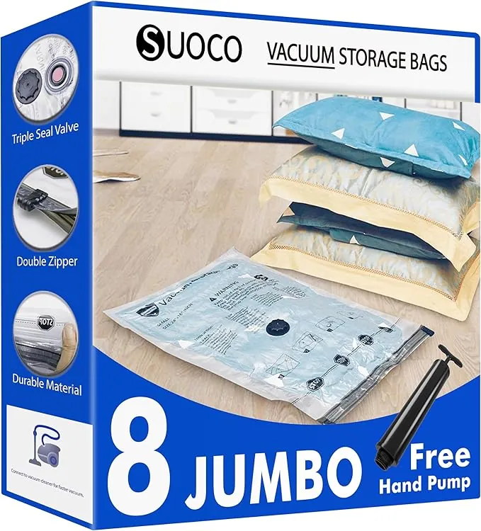 SUOCO Bolsas al Vacío Ropa, Juego de 8 Bolsas (8J) con Bomba de Mano, Bolsas de Almacenaje al Vacío para Ropa y Edredones, Viaje y Hogar, Resistente y Reutilizable