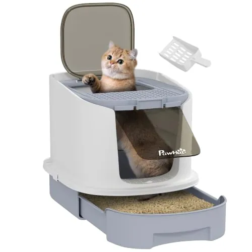 PawHut Arenero para Gatos Cubierto Pala 40,5x52,5x42,5 cm Blanco y Gris