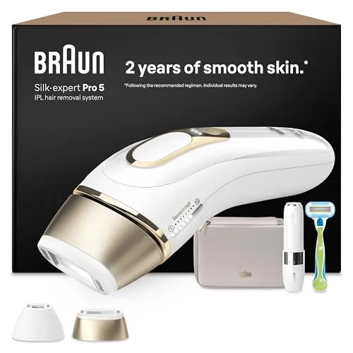 Braun Luz Pulsada Silk·expert Pro 5, PL5156, Blanca/Dorada - Alternativa a Depiladora Laser, Eliminación del Vello en Casa, IPL con Funda, Maquinilla Venus, 2 Cabezales, Miniafeitadora Facial