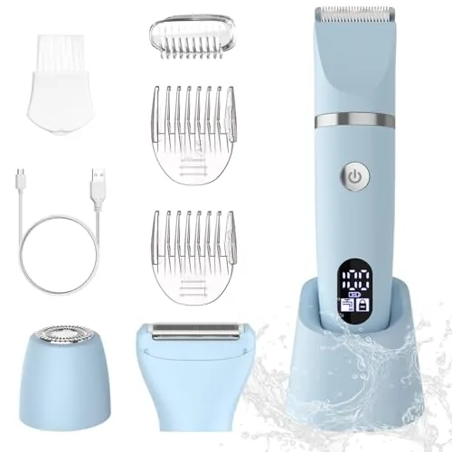 Scttomon afeitadora eléctrica para mujer cortapelos corporal para mujer recortadora para zona bikini Afeitado de piernas impermeable pantalla LCD seco/mojado 3 in 1 azul