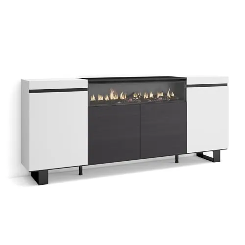 Skraut Home | Aparadores para salón | Gran Capacidad de almacenaje | 200x87x35cm | 4 Puertas | Chimenea eléctrica | Diseño Industrial | Estilo Moderno | Blanco y Negro