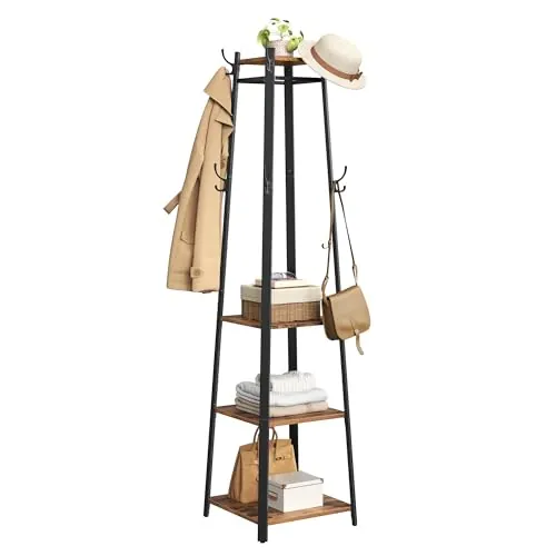 VASAGLE Perchero, con 4 Estantes, Perchero Recibidor con Ganchos para Bufandas, Bolsos, Paraguas, Marco de Acero, Estilo Industrial, para Entrada, Sala de Estar, Marrón Rústico y Negro Tinta LCR80X