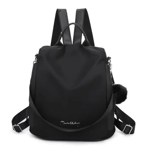 OLIVIA WONG Mochila antirrobo Impermeable para mujer (13L)| Mochila Convertible en bolso con pompom y Asa desmontable de adorno - Negro