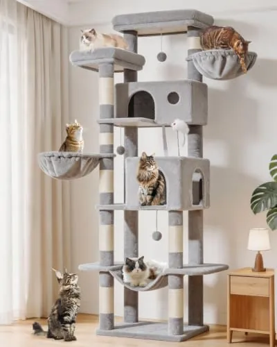 Taoqimiao Árbol Grande para Gatos, Torre para Arañar de 193 cm de Altura | Multinivel con 2 Plataformas, 2 Cuevas, 2 Cestas, Hamacas Suaves, Postes rascadores, para interior, MS046W Gris Claro