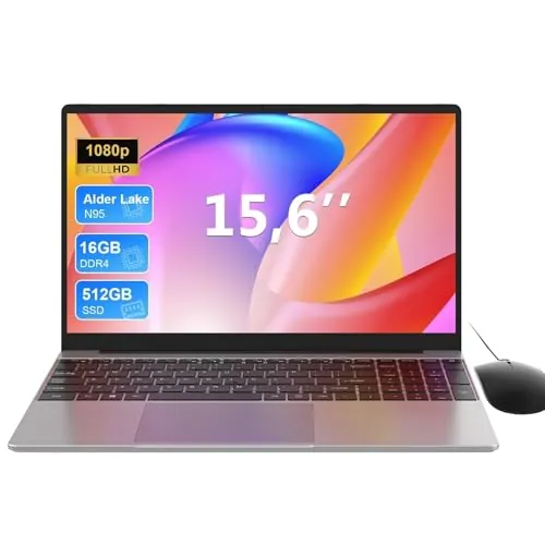 Portátil 15,6 pulgadas, Quad-Core N95 (hasta 3,4 GHz), 16GB RAM, 512GB SSD, 1080 FHD, Teclado Retroiluminado con Bloque Numérico, WiFi 2,4G/5G, BT, Portátil Win 11 para Trabajo, Estudio y Teletrabajo
