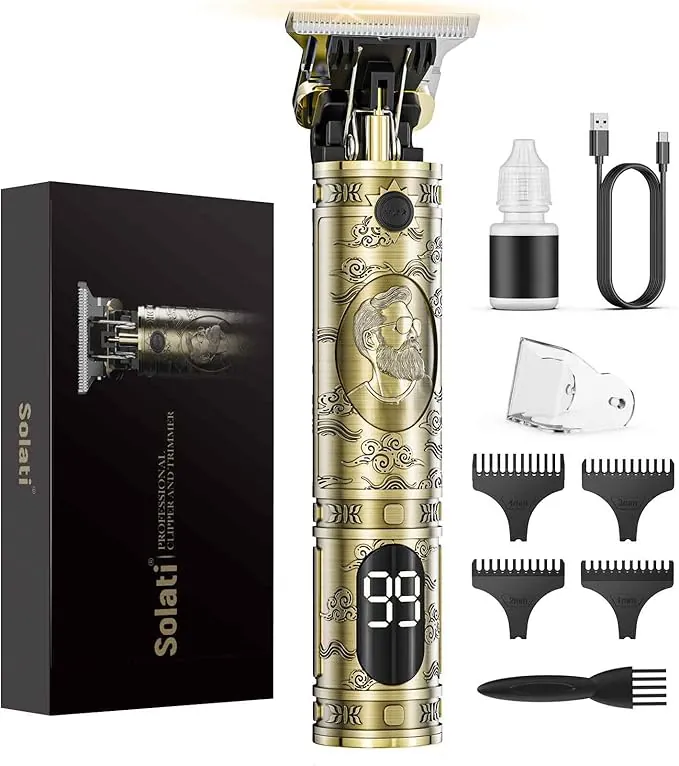 Maquina de Cortar Pelo Hombre, Maquina de Afeitar Hombre Eléctrica con LED Cortapelos Recortar Barba Sin Cable Maquinilla de Afeitar Cortar Pelo Para el Hogar y el Salón (Bronce)