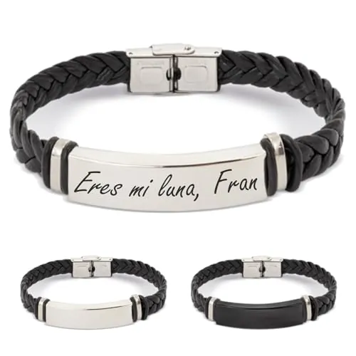 ibera gifts - Pulsera Hombre Personalizada en Acero Inoxidable, Pulseras Personalizadas con Nombre, Ajustable a Cualquier Muñeca, Pulsera Personalizada Mujer (Negro - Plateada)