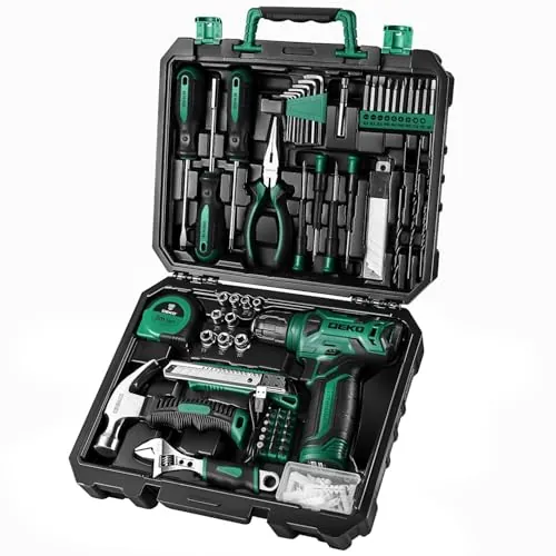 DEKO Caja Herramientas Taladro 8V, 126 Piezas Bricolaje Hogar Verde
