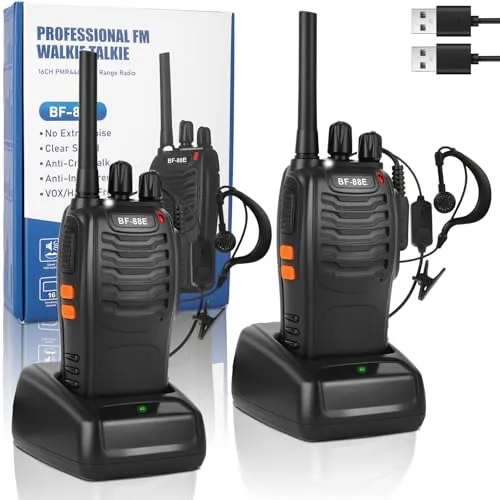 Walkie Talkie Profesionales, USB Recargables 1500mAh, 16 Canales CTCSS DCS, PMR 446 Radiocomunicación con el Auricular Incorporado Antorcha de LED, VOX - 1 Pare Negro BF-88E
