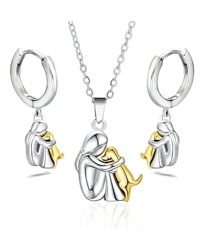 DAFNE 1 juego Collar + Pendientes de perro,Collar de abrazo de perro y niña, colgante de con forma de animal, para niñas, hijas, madres y amigas(Oro + Plata)