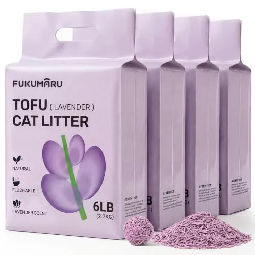 FUKUMARU Arena de Tofu para Gatos 10.8kg - Arena aglomerante para Gatos, Control de olores con Aroma de Lavanda, Libre de Polvo y fácil de aglomerar, desechable en el Inodoro