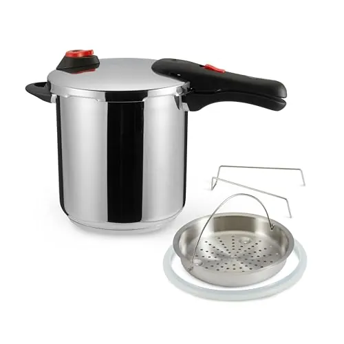 Amazon Basics Olla a presión de Acero inoxidable con vaporera y anillo de silicona extra, 9 litros