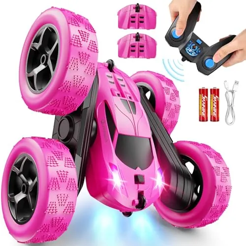 QUNREDA Coche Teledirigido RC Stunt Car 4WD 2,4 GHz – 360° Volteos, Luces LED, Baterías Modulares USB-C,Juguetes para Niños 6-12 Años, Regalo de Cumpleaños (Fucsia)