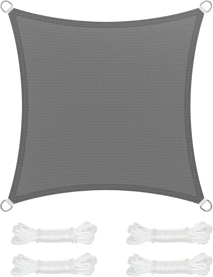 SONGMICS Vela de Sombra de 4 x 4 m, Tejido HDPE de Protección Solar, Transpirable, Permeable al Agua, Terraza, Jardín, Balcón, Camping, Cuadrada, Cóncava, Cuerdas de 2 m, Gris Ahumado GSS44GY