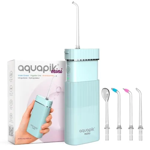 Irrigador dental portátil Aquapik Mini 140 ml | Water flosser recargable USB tipo C | 3 modos presión | limpieza profunda | Ideal para Encías sensibles, ortodoncia e implantes dentales (Azul)