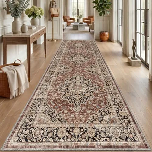 DEXI Alfombra Pasillo 80 x 250 cm, Alfombras Cocina Lavable Antideslizante, Tapete Vintage de Pelo Corto y Suave para Entrada, Lavandería o Comedor, Rojo óxido
