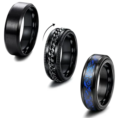 MILACOLATO Anillo Negro De Acero Inoxidable - Dragón Celta Spinner Con Cadena Torcida y Abrebotellas De Cerveza - Anillo Giratorio 8mm Ancho