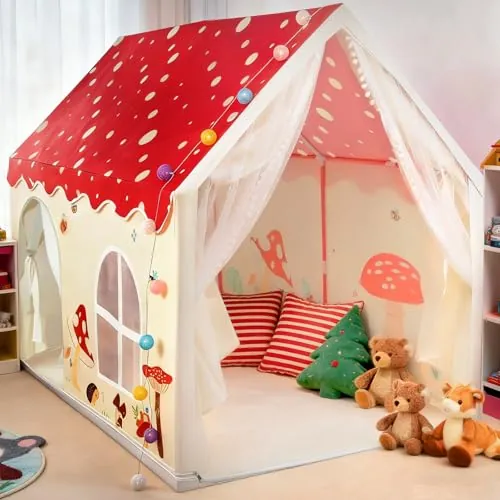 eSynic Tienda Campaña Infantil Tiendas de Campaña para Niños Tienda de Juegos Interior con Luces Rincón Acogedor para Niños Casita Infantil Exterior con Toldo Espacio Infantil Plegable