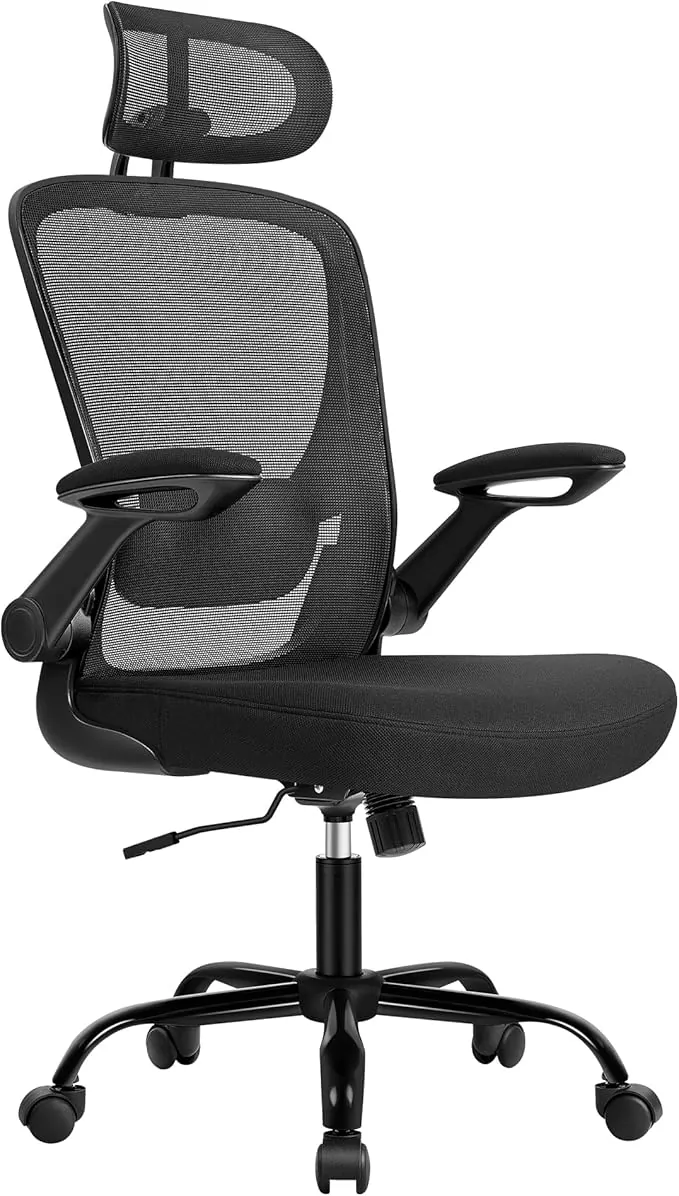 SONGMICS Silla de Oficina, Silla de Escritorio de Malla, Silla Giratoria Ergonómica, Soporte Lumbar, Oscilante, Asiento de 53 cm, Apoyabrazos Abatibles, Reposacabezas, Negro Tinta OBN047B01