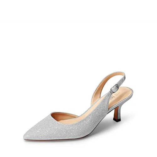 DREAM PAIRS Zapatos Tacón Bajo Cerrado,Plata-Glitter,39 | Tacón 6cm, forro cuero vegano, plantilla látex 4mm, punta afilada, talón abierto.