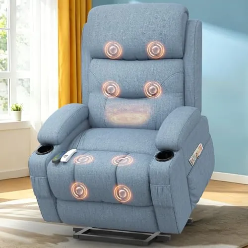 Srfzluxy Sillón reclinable con función masaje y calefacción, sillón elevable para ancianos con puertos Type-C y USB, 4 bolsillos laterales, 2 portabebidas, sillón reclinable Rise para salón