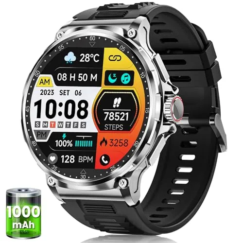 Reloj Inteligente Hombre con 1000mAh Batería, 1.92" AMOLED, 5ATM Impermeable Smartwatch Militar con Llamadas, 120 Modos Deportivos, 24/7 Pulsómetro/Sueño/Podómetro Pulsera Actividad Android iOS Plata
