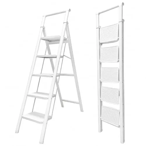 UZIRO Escalera Plegable 5 Peldaños, Liviana y Compacta, Diseño Decorativo, Peldaños Anchos Antideslizantes, Ideal para Uso en Hogar, Cocina y Oficina, Fácil de Guardar (Blanco, 5 Peldaños)