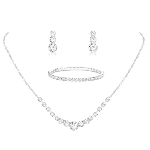 AOWVUTS Juego de Joyas de Plata para Mujer Cristal Novia Collar Boda Pendientes y Pulsera Conjunto de Joyería de Diamantes de Imitación Compromiso Boda Novia Dama Honor de Regalo Joyería