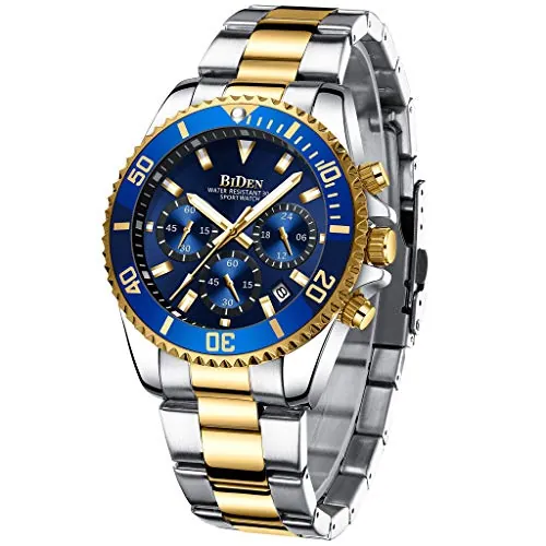 BIDEN Relojes de Pulsera para Hombre con cronógrafo, de Acero Inoxidable, Resistente al Agua, con Fecha, analógico, de Cuarzo, para Negocios, Casual, a la Moda, Oro Azul B