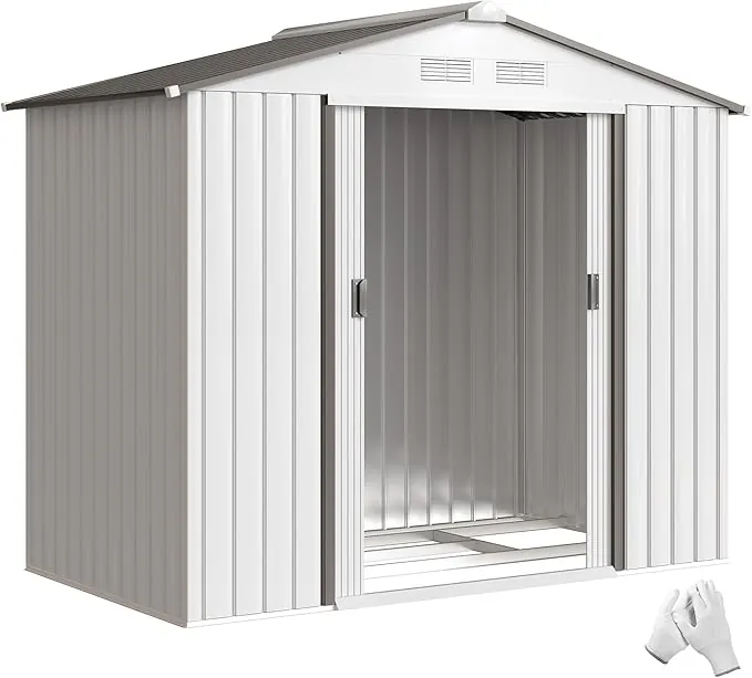 Outsunny Caseta de Jardín Exterior, 2,5 m² 213x130x185 cm, Cobertizo de Jardín Exterior Metálico con 2 Puertas Correderas, Base Refuerzo (Suelo NO Incluido) y 4 Ventanas, Blanco
