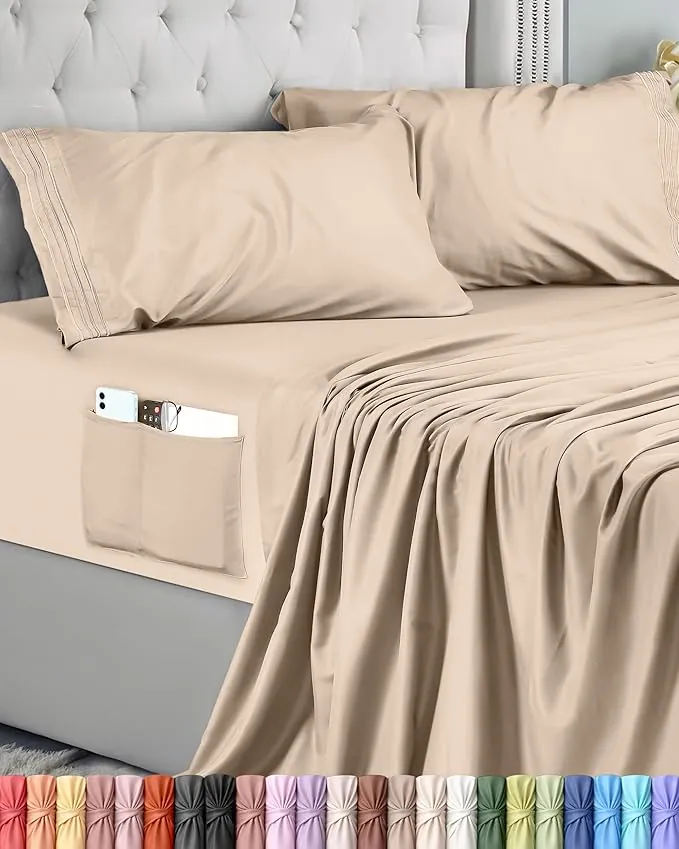 Utopia Bedding Juego de Sabanas 4 Piezas 135x190 - Microfibra De Poliéster, Sábana Bajera con Bolsillos de Almacenamiento, Sábana Plana Y 2 Fundas De Almohada Bordadas (Cama 135, Beige)