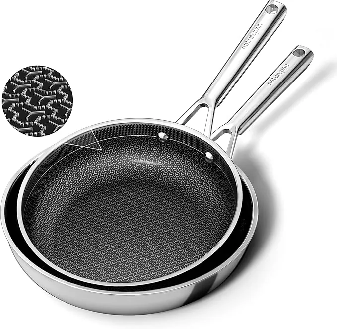DiamondTitan Set 2 Sartenes Acero Inoxidable (24+28 cm), Sartén de Cerámica Antiadherente, para Todas Cocinas, Estructura Panal Láser, Mango Fresco, Lavavajillas