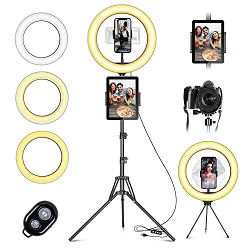 Aro de Luz con Tripode, 10'' Luz de Anillo LED con un Trípode 49-180cm, 3 Colores 10 Brillos Regulables, Aro de Luz con Bluetooth Control Remoto para Selfie Maquillaje Youtube TIK Tok