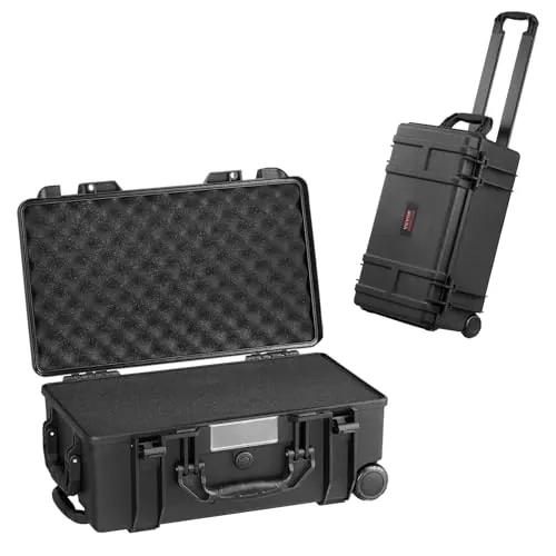 VEVOR Estuche Rígido Resistente a la Intemperie de 550 x 340 x 240 mm, Estuche Resistente con Espuma Precortada, Ruedas y Asas Retráctiles para Viajes, Caza, Uso Militar, Táctico, Impermeable IP67