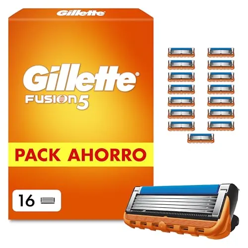 Gillette Fusion5 Cuchillas de Afeitar Hombre, Pack de 16 - Recambios para Maquinillas de Afeitar con 5 Hojas, Banda de Gel Lubricante Y Recortadora de Precisión